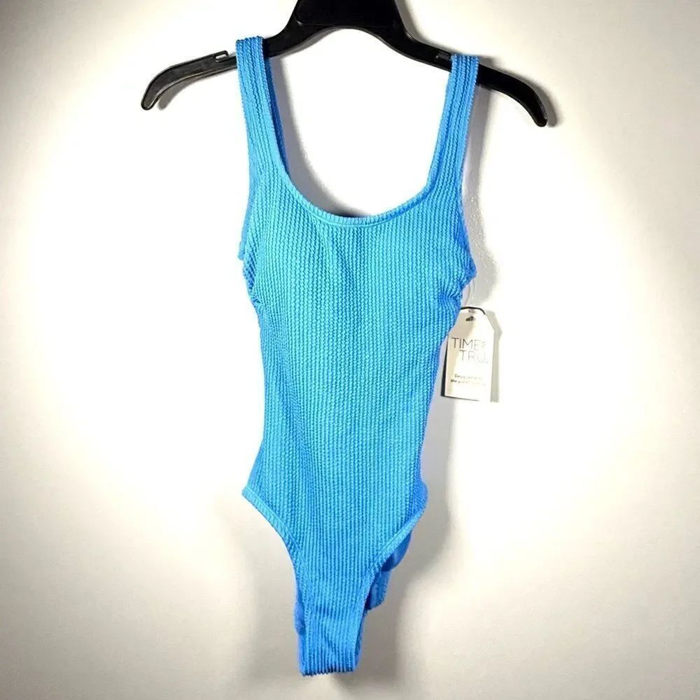 Time and Tru Crinkle One Piece Swimsuit Women's Blue Polyester NEW Size Small